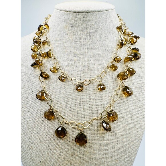 14k gold filled natural smoky quartz double layered Necklace 16.5”